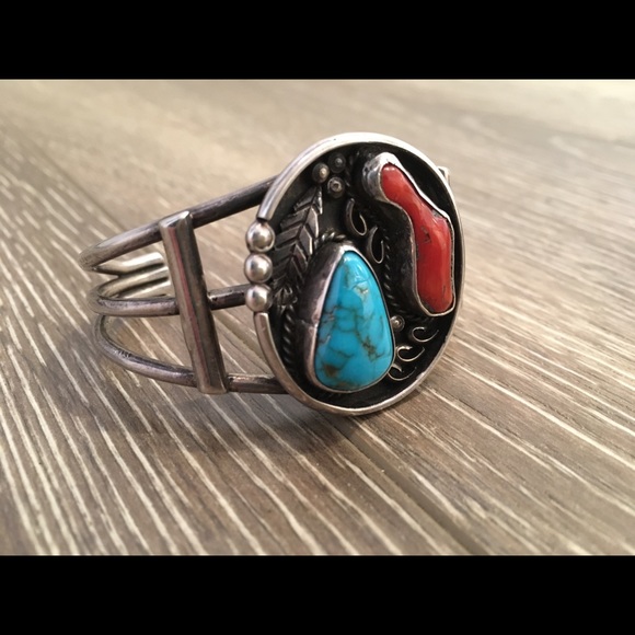 Navajo Sterling Turquoise Real Red  Coral Cuff - Picture 10 of 14
